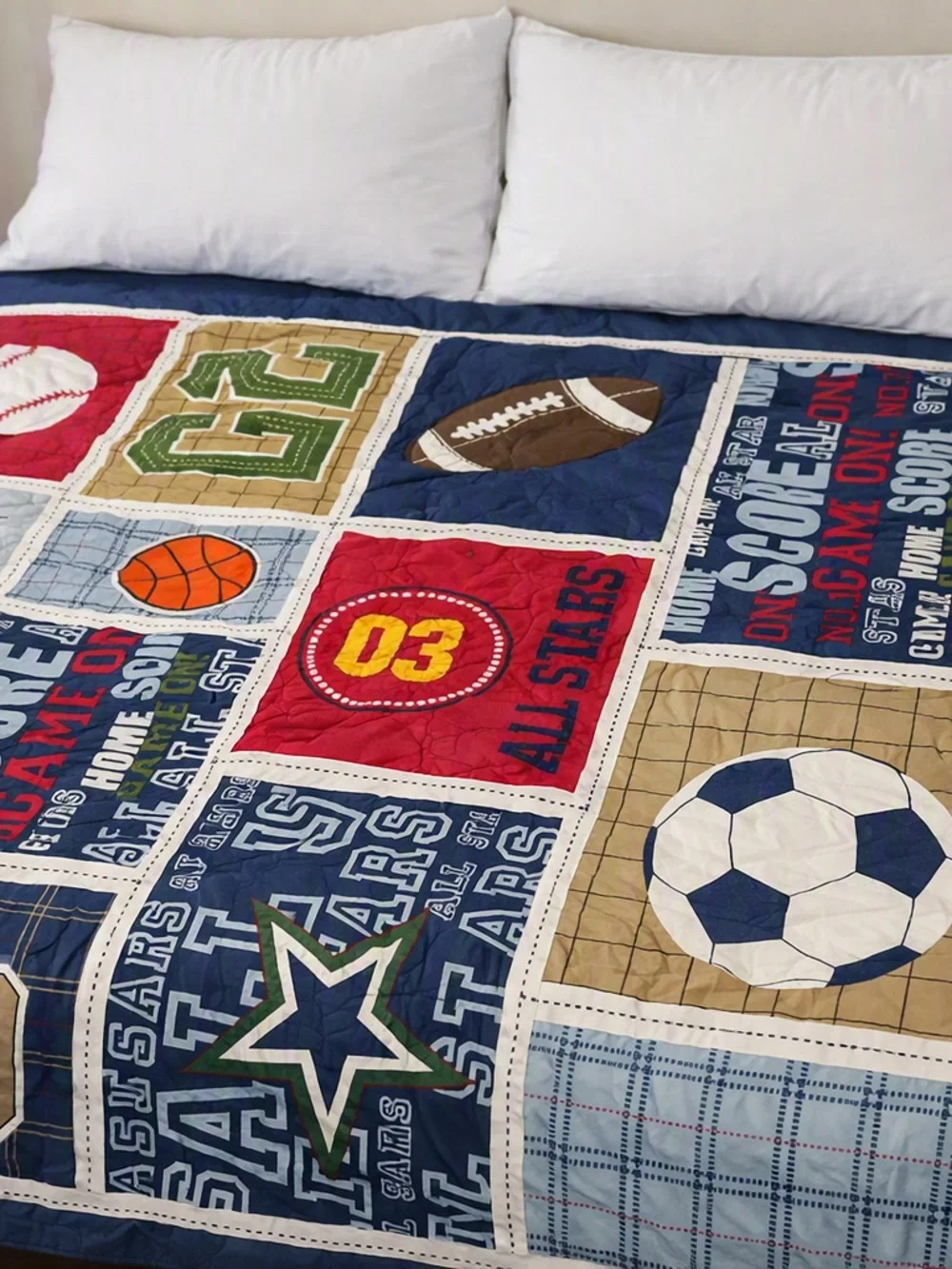 Full size Sports Patchwork comforter - Navy, Red, Brown, Green Reversable